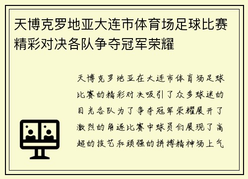 天博克罗地亚大连市体育场足球比赛精彩对决各队争夺冠军荣耀